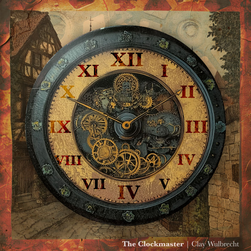 The album cover for The Clockmaster by Clay Wulbrecht features an ornate, antique-style clock face overlaid on a vintage illustration of a cobbled European village. The clock displays exposed gears and intricate machinery at its center, with Roman numerals in alternating red and gold tones marking the hours. The title and artist’s name appear subtly at the bottom right.