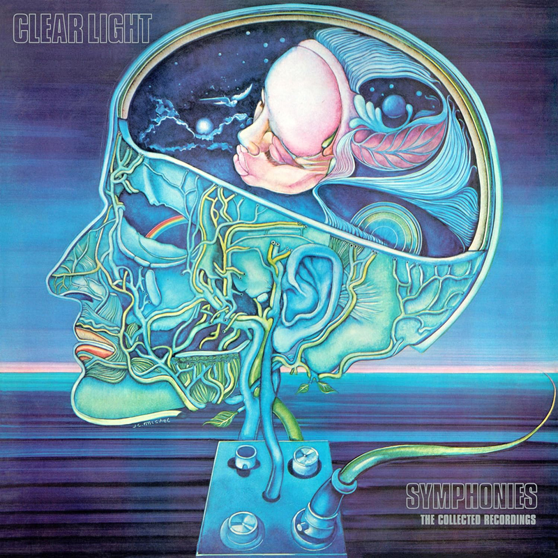 A blue-toned illustration of a human head in profile, cut open to reveal a fetus nestled inside amid cosmic imagery: stars, clouds, and flowing, vein-like structures. The background fades into a horizon over water, while cables connect the head to a small device below.
