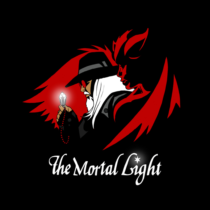 Clive Nolan – The Mortal Light. An illustration of a man with hat, glasses, and white beard holding a crystal, surrounded by a red creature with wings.