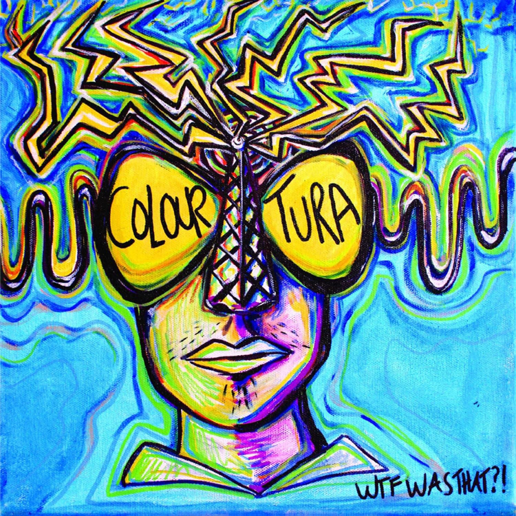 Colouratura - WTF Was That​?​ cover artwork. an illustration of a person's face with radiating wave and sparks going through the head.
