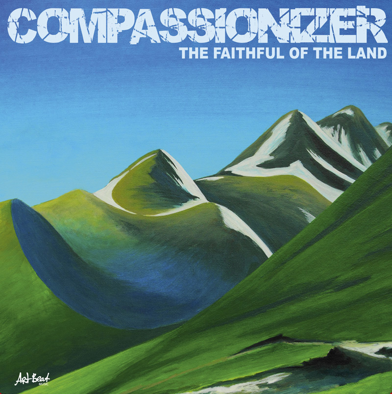 Compassionizer - The Faithful of the Land cover artwork. An illustration of green mountain peaks.