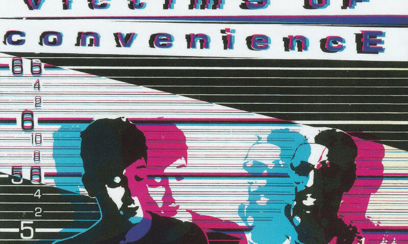 The album cover for Victims of Convenience by Conveniens features a glitchy, distorted aesthetic with bold, overlapping cyan, magenta, and black silhouettes of band members. The typography is similarly fragmented, with a digital or photocopied effect.