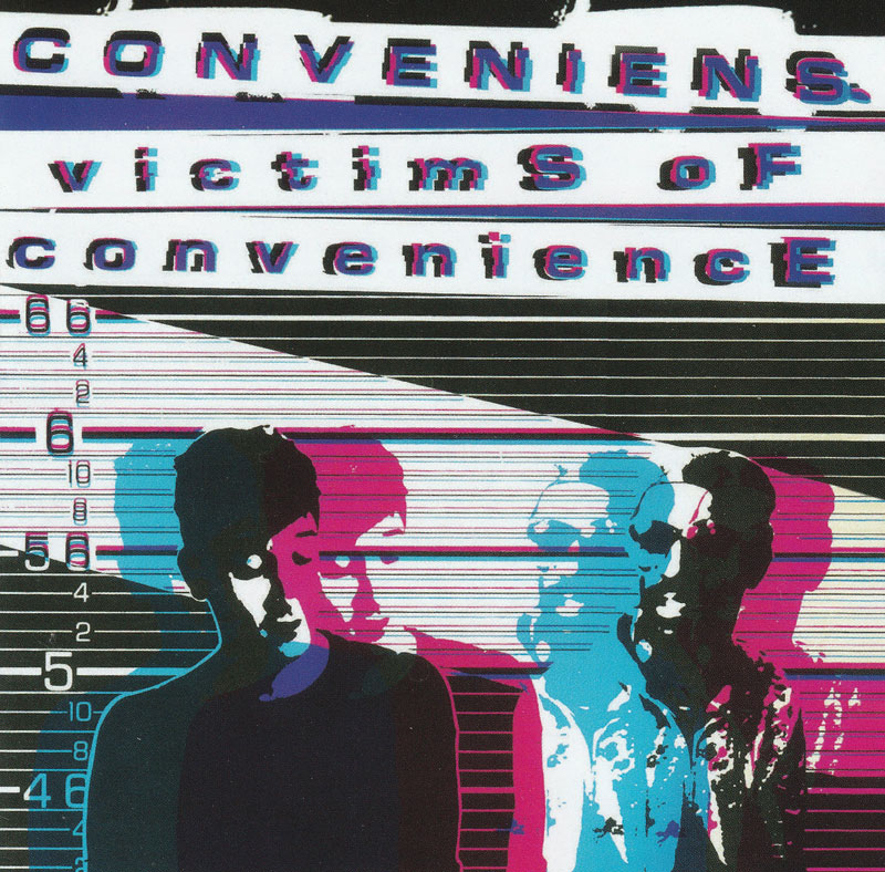 The album cover for Victims of Convenience by Conveniens features a glitchy, distorted aesthetic with bold, overlapping cyan, magenta, and black silhouettes of band members. The typography is similarly fragmented, with a digital or photocopied effect.