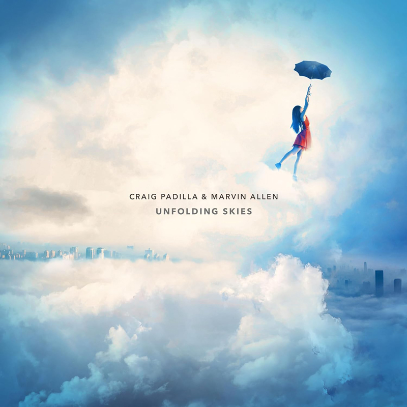 A cover in pale blue and white shows a small figure in a red dress floating high above dense clouds, lifted by a dark umbrella over a faint city skyline.