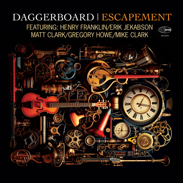 Daggerboard - Escapement cover artwork. An assortment of musical instruments and evices.