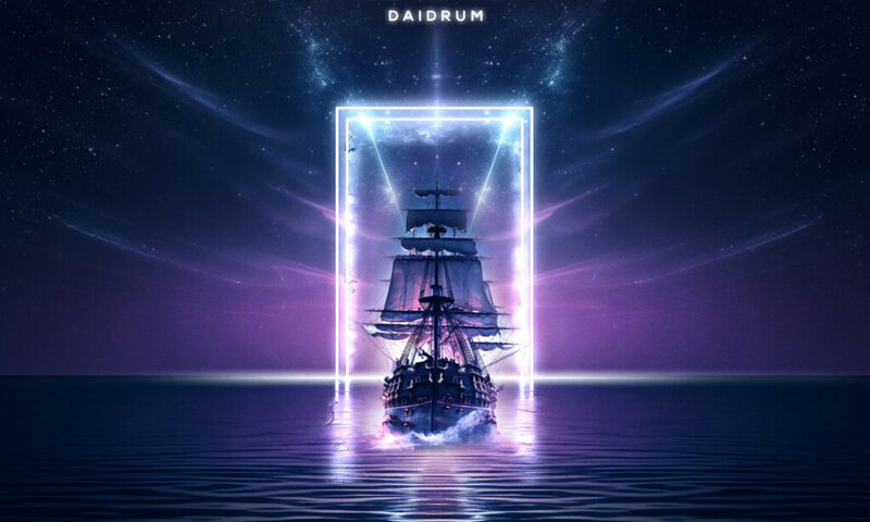 The album cover shows a tall ship sailing on a calm, dark sea under a starry sky. A glowing neon portal surrounds the ship, casting purple and blue light across the water. At the top, the title All at Sea and artist name Daidrum appear in white text.