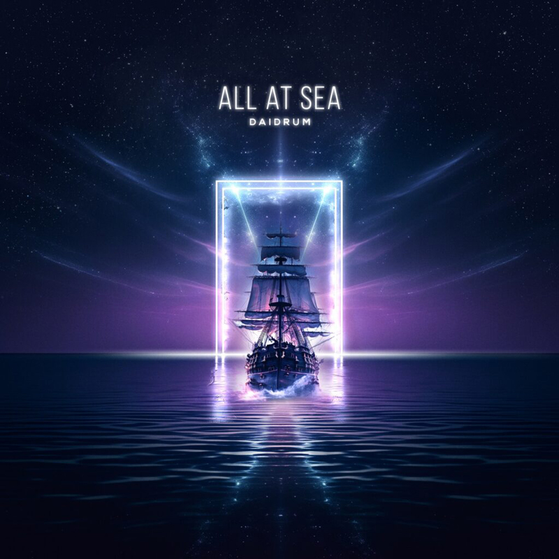 The album cover shows a tall ship sailing on a calm, dark sea under a starry sky. A glowing neon portal surrounds the ship, casting purple and blue light across the water. At the top, the title All at Sea and artist name Daidrum appear in white text.