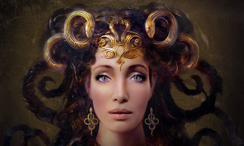 The album cover for Mythologies II by Danaë Xanthe Vlasse features a mythic female figure with golden, serpentine headpieces and elaborate jewelry. Her piercing gaze and symmetrical features are framed by dark, flowing hair, set against a textured, shadowy background. The typography is classical, highlighting the collaboration with the Royal Philharmonic Orchestra and featured soloists.