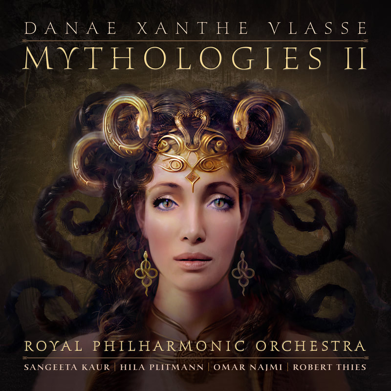 The album cover for Mythologies II by Danaë Xanthe Vlasse features a mythic female figure with golden, serpentine headpieces and elaborate jewelry. Her piercing gaze and symmetrical features are framed by dark, flowing hair, set against a textured, shadowy background. The typography is classical, highlighting the collaboration with the Royal Philharmonic Orchestra and featured soloists.