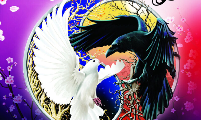 The album cover for Life Force by Darkyra features an illustration of a white dove and a black raven locked in a dynamic, circular dance. Set against a radiant background that shifts from soft pinks to deep purples and reds, the imagery is framed by intertwining branches and cosmic elements. The band’s name appears in a bold, calligraphic script in the top right, while the album title is written below in cursive.