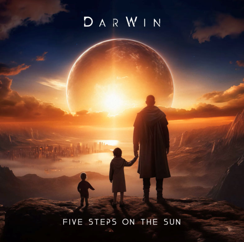 A cloaked adult holding a child’s hand while a younger child stands nearby, all silhouetted on a rocky overlook. A radiant sun or planet rises over a distant city, bathing the landscape in gold and deep shadow.