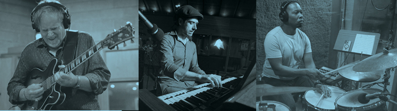 Dave Stryker Trio. Photos of the three musicians playing their musical instruments.