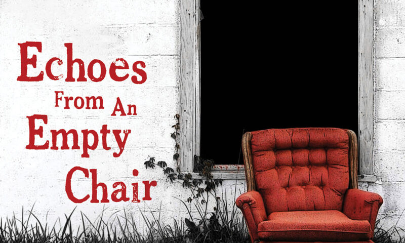 cover artwork. An image of a red chair outdoors, right in front of a window.