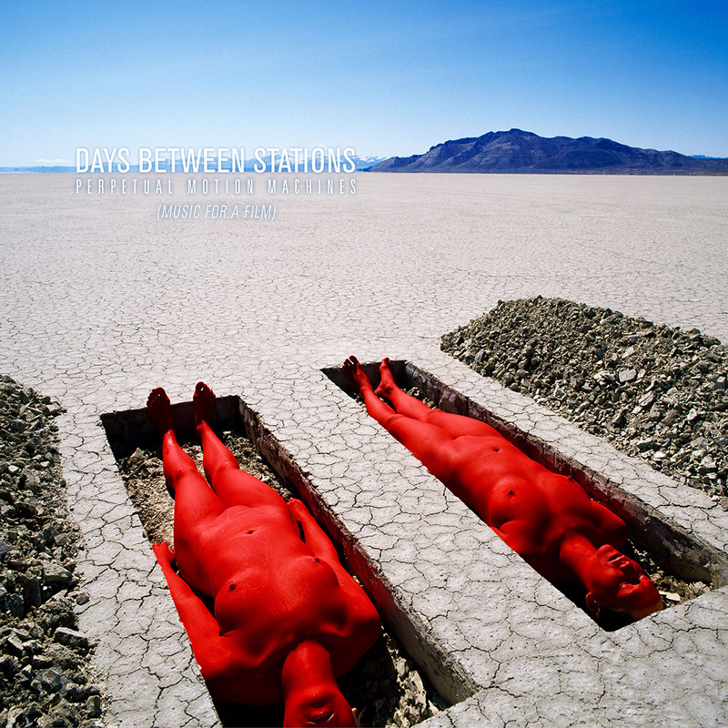 Days Between Stations -Perpetual Motion Machines cover artwork. Two naked bodies painted red lying face up in shallow graves in a flat field.