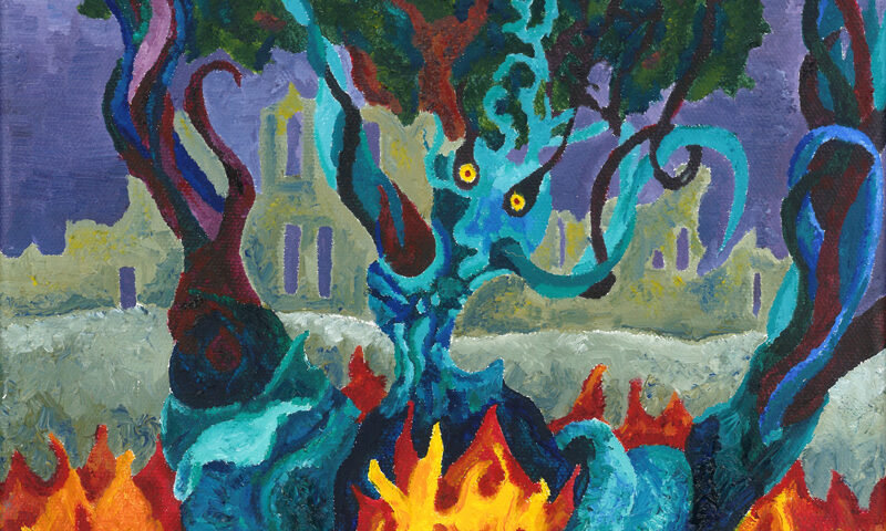 The album cover for Dominic Sanderson – Blazing Revelations depicts a fiery scene. A monstrous, tree-like creature with glowing yellow eyes rises from flames, its twisting blue and purple limbs reaching upward. Dark green foliage crowns its head, while burning fire dominates the lower half. In the background, faded ruins stand against a stormy violet sky.