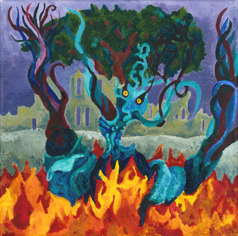 The album cover for Dominic Sanderson – Blazing Revelations depicts a fiery scene. A monstrous, tree-like creature with glowing yellow eyes rises from flames, its twisting blue and purple limbs reaching upward. Dark green foliage crowns its head, while burning fire dominates the lower half. In the background, faded ruins stand against a stormy violet sky.