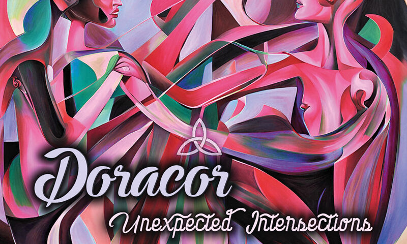 The album cover for Unexpected Intersections by Doracor features an abstract painting of two human figures entwined in a dynamic, fluid composition. Rendered in bold shades of pink, red, purple, and teal, the figures appear to merge and separate across angular, intersecting lines. The band name "Doracor" and album title are overlaid in cursive typography, with a Celtic triquetra symbol subtly placed between them.