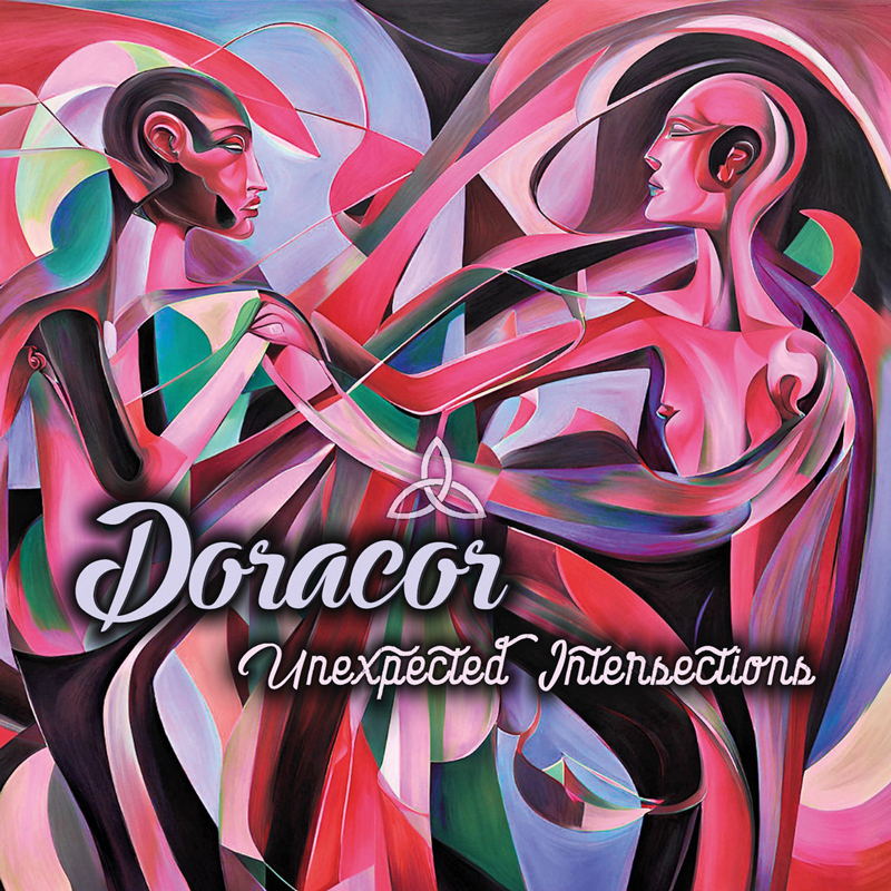 The album cover for Unexpected Intersections by Doracor features an abstract painting of two human figures entwined in a dynamic, fluid composition. Rendered in bold shades of pink, red, purple, and teal, the figures appear to merge and separate across angular, intersecting lines. The band name "Doracor" and album title are overlaid in cursive typography, with a Celtic triquetra symbol subtly placed between them.