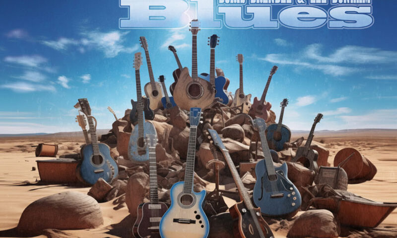 The album cover for Big Blue Sky by Doris Brendel and Lee Dunham features a desert landscape with a towering pile of guitars—both acoustic and electric—stacked atop scattered rocks and debris. Many of the instruments are painted in shades of blue. The sky is vast and bright, stretching endlessly over the barren terrain.