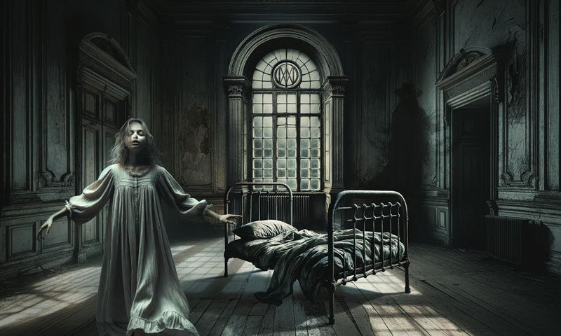 The album cover for Parasomnia by Dream Theater depicts a dark, decayed room with high ceilings, peeling walls, and an eerie atmosphere. A large arched window allows dim light to cast dramatic shadows across the wooden floor. In the center, two old metal-framed beds sit in disarray, with tangled sheets suggesting unrest. A ghostly woman in a flowing white nightgown hovers barefoot, arms outstretched, her face vacant.