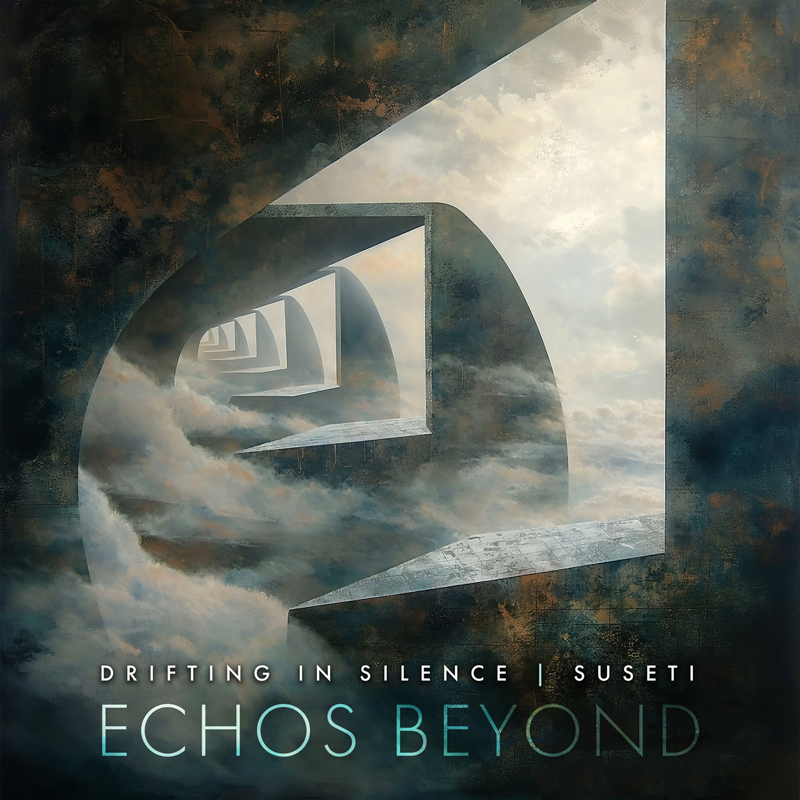 Drifting In Silence - Echoes Beyond cover artwork. An illustration of infinite patterns in a tunnel.