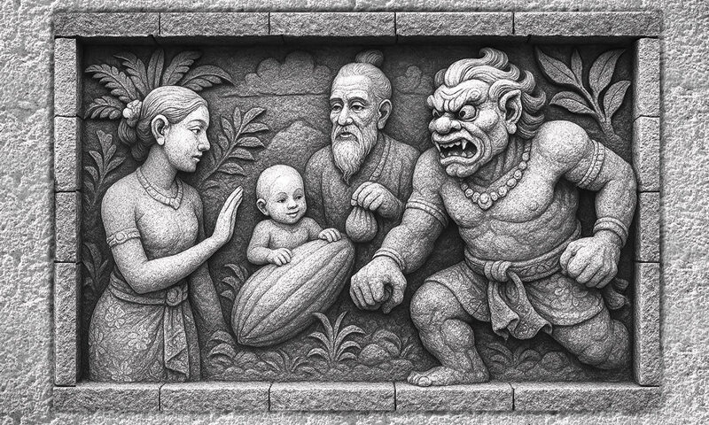 The cover of Anagnorisis by Dwiki Dharmawan features a monochrome stone relief carved into a textured wall. At its center, a mother gestures toward a baby resting in a cradle-like pod, while an elderly bearded man looks on. Opposite them, a fierce, muscular mythic figure lunges forward, mouth open in a snarl.