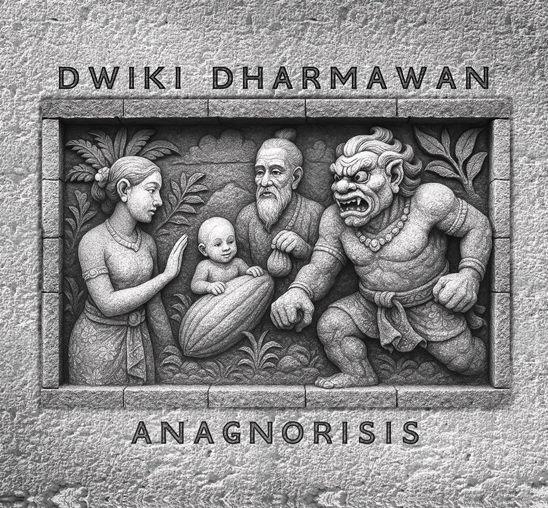 The cover of Anagnorisis by Dwiki Dharmawan features a monochrome stone relief carved into a textured wall. At its center, a mother gestures toward a baby resting in a cradle-like pod, while an elderly bearded man looks on. Opposite them, a fierce, muscular mythic figure lunges forward, mouth open in a snarl.