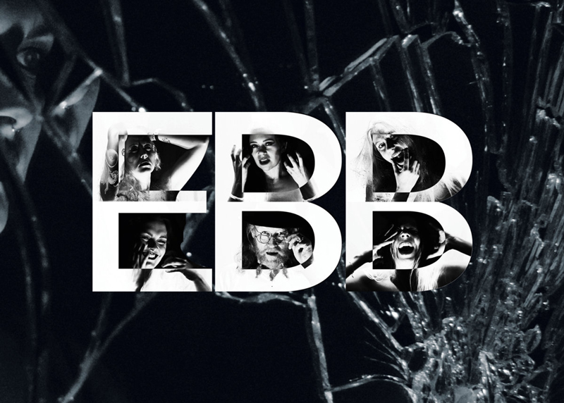 A white title reads EBB, with each letter framing black-and-white portraits of band members talking or gripping their heads. Cracked glass surrounds the text.