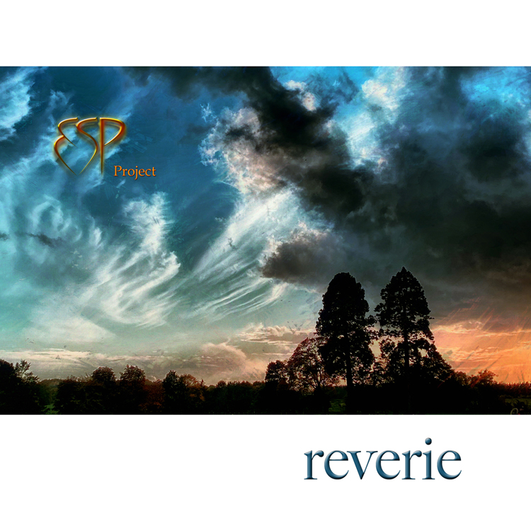 ESP Project - Reverie cover artwork. a landscape photo with two tall trees on the right and clouds in the distance.