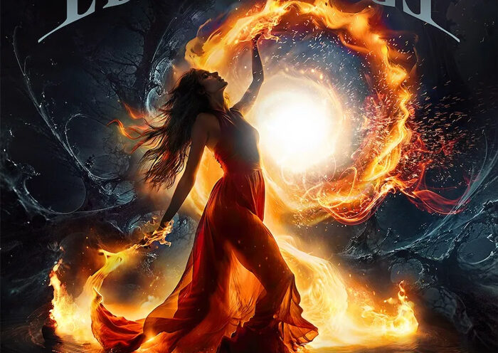 Edenbridge – Set the Dark on Fire. A sorceress in a red dress casting a fire spell.