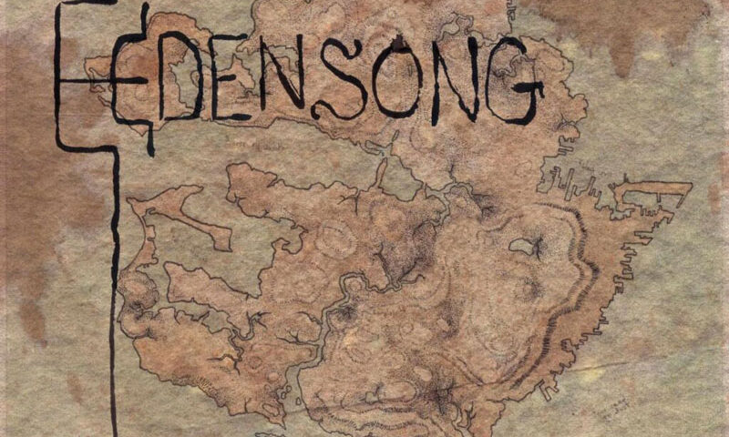 The album cover for Edensong – Our Road to Dust features a hand-drawn, parchment-style map rendered in earthy tones of brown and green. The band's name, "Edensong," appears in a bold, jagged black font across the center, while the album title, "Our Road to Dust," is written in a looser, blue calligraphy at the bottom right.