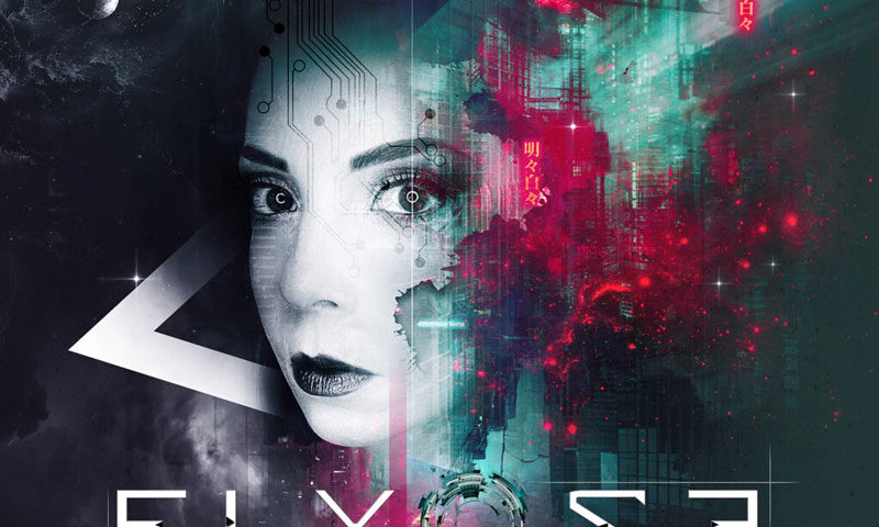 The album cover for Elyose – Évidence features a cybernetic portrait of a woman's face split between monochrome realism and a vibrant digital nebula. Circuit patterns, neon pinks, and Japanese characters blend with outer space elements.