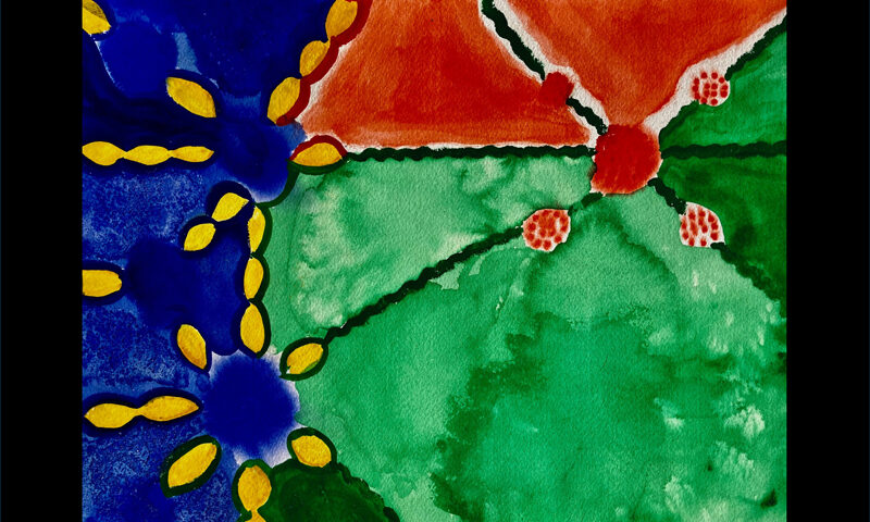 A black background with a colorful abstract watercolor painting at the center. The artwork features sections of blue, green, and red-orange, connected by branching lines and dotted with small yellow leaf-like shapes.