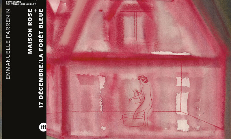 The album cover for Maison Rose by Emmanuelle Parrenin features a watercolor-like painting of a pink house with a faint figure inside. On the left, a black vertical band lists the artist’s name and album title in white text.