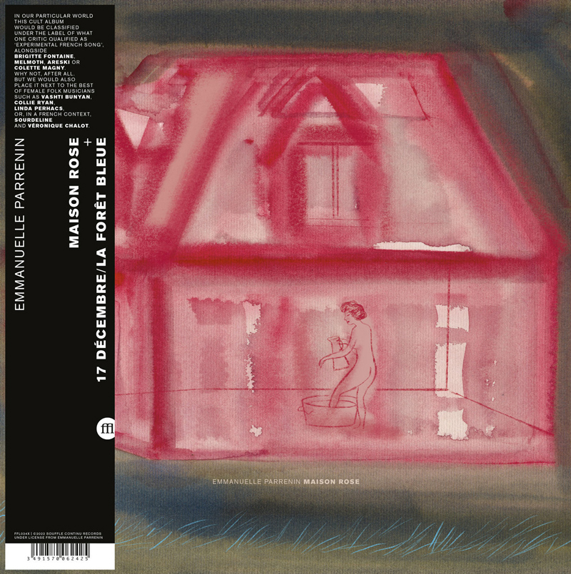 The album cover for Maison Rose by Emmanuelle Parrenin features a watercolor-like painting of a pink house with a faint figure inside. On the left, a black vertical band lists the artist’s name and album title in white text.
