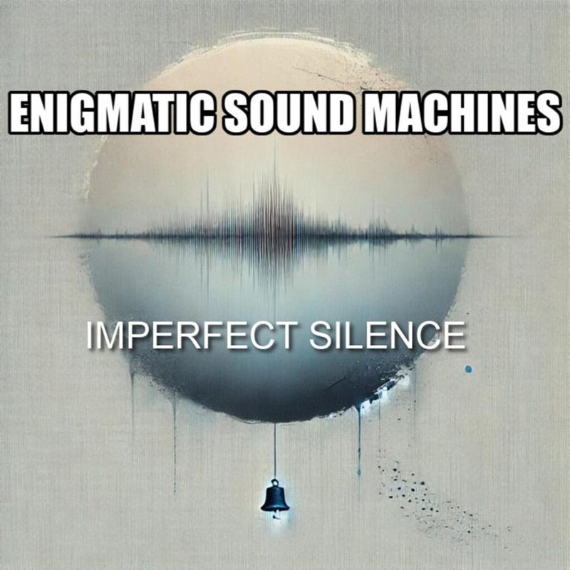 The album cover for Imperfect Silence by Enigmatic Sound Machines features a large circular form resembling a moon or sphere, with a soundwave running across its center and reflecting below like water. A small bell hangs suspended beneath it. Muted gray-blue tones.