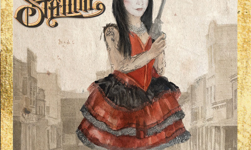 The Smoking Gun album cover by Euphoria Station resembles a vintage playing card, specifically the Queen of Hearts. It features a hand-drawn portrait of a woman in a red and black saloon-style dress holding a smoking revolver. The band’s logo appears in ornate lettering at the top left, while the album title sits boldly at the bottom. A faded Old West town serves as the backdrop.