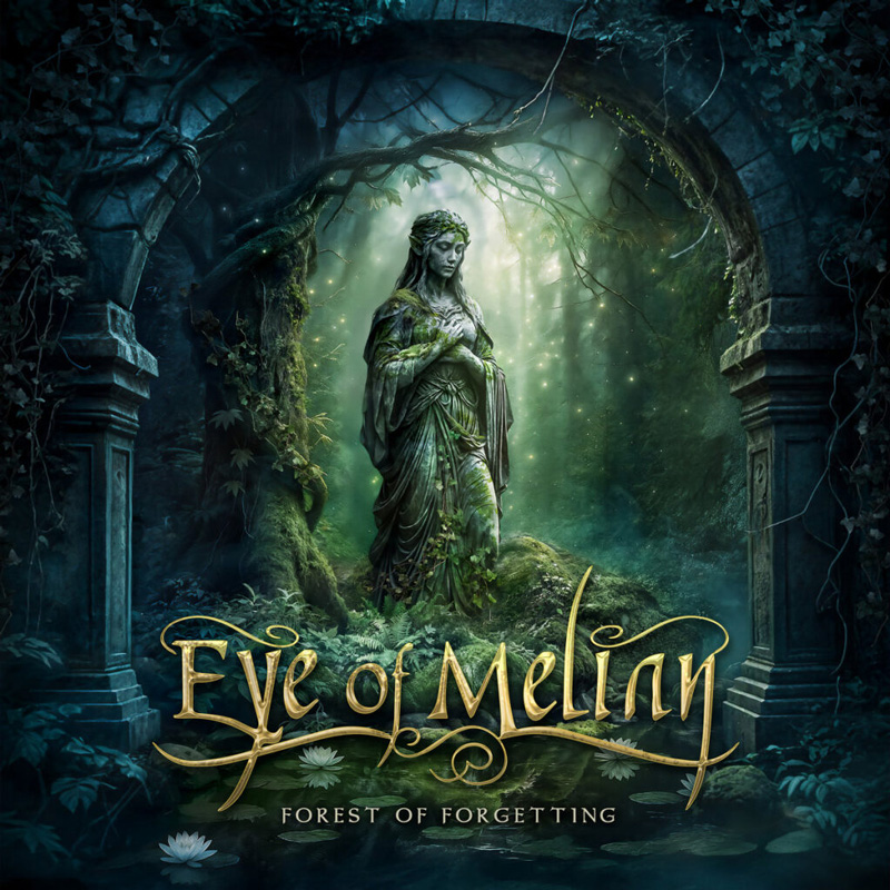 Eye of Melian – Forest of Forgetting cover artwork. a fantasy style cover with a moss-covered statue in a garden.