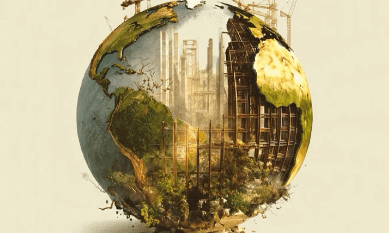 The album cover for I’ve Started, So I’ll Finish… by Fearful Symmetry depicts a globe that is partially natural and partially under construction. One side shows green landscapes and trees, while the other reveals scaffolding, cranes, and industrial structures.The band’s name appears at the top in a sharp, angular font, and the album title sits at the bottom in a bold style.