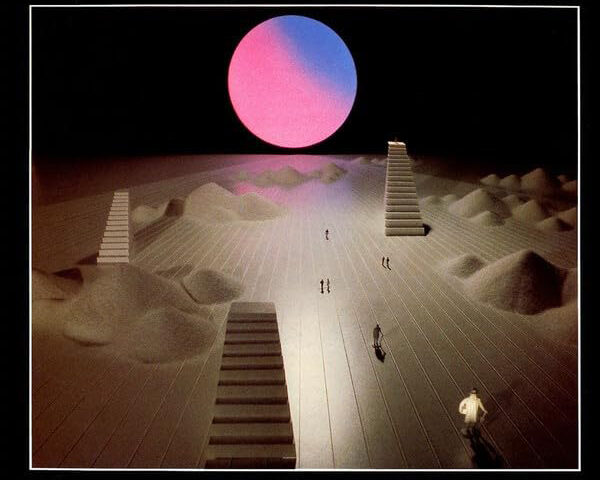 A glowing pink-and-blue sphere hangs above a vast gridded plain dotted with mound-like forms, while several staircases rise abruptly from the ground as tiny human figures wander below.