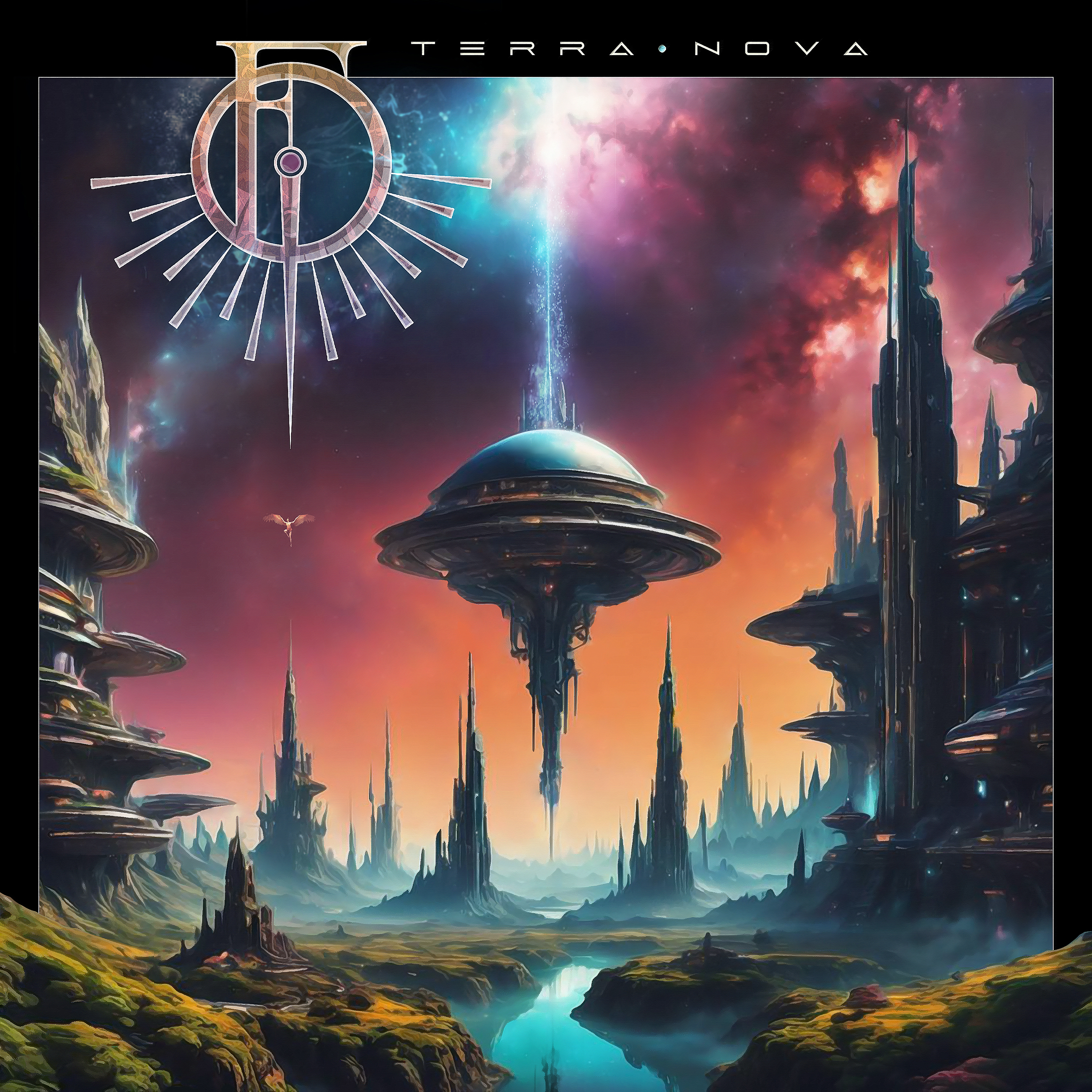The Terra Nova album cover by Flight of Icarus depicts an alien landscape with soaring spires and a massive floating structure emitting a radiant energy beam into the sky. A luminous river winds through the terrain, reflecting the twilight colors of the horizon. The band's emblem, a stylized "FI" encircled by radiant lines, appears at the top, along with the album title in futuristic type.