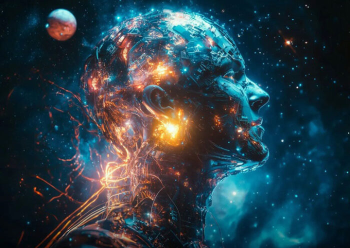 The album cover for Cosmos by Flor de Loto features a futuristic, cybernetic humanoid figure with a translucent, glowing face composed of intricate circuitry and luminous energy. The head appears to be merging with a cosmic backdrop, filled with stars and celestial bodies. The overall color palette consists of deep blues, fiery oranges, and electric glows.