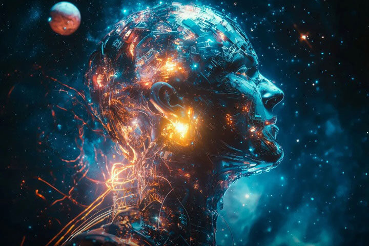 The album cover for Cosmos by Flor de Loto features a futuristic, cybernetic humanoid figure with a translucent, glowing face composed of intricate circuitry and luminous energy. The head appears to be merging with a cosmic backdrop, filled with stars and celestial bodies. The overall color palette consists of deep blues, fiery oranges, and electric glows.