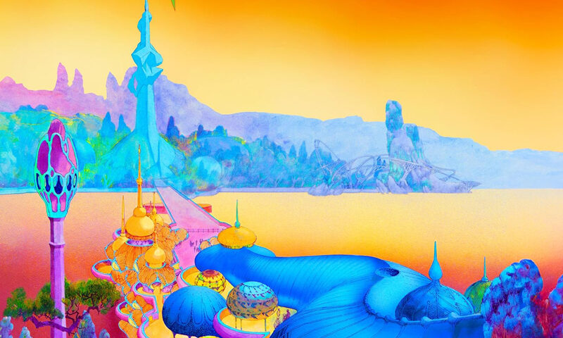 Focus - Focus 12 cover artwork. a beautiful fantasy landscape with domed structuires and spires connected by a bridge.