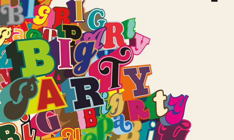 Forq - Big Party cover artwork. a colorful design with multiple variations of the word Big Party in deifferent colors, fonts and sizes.