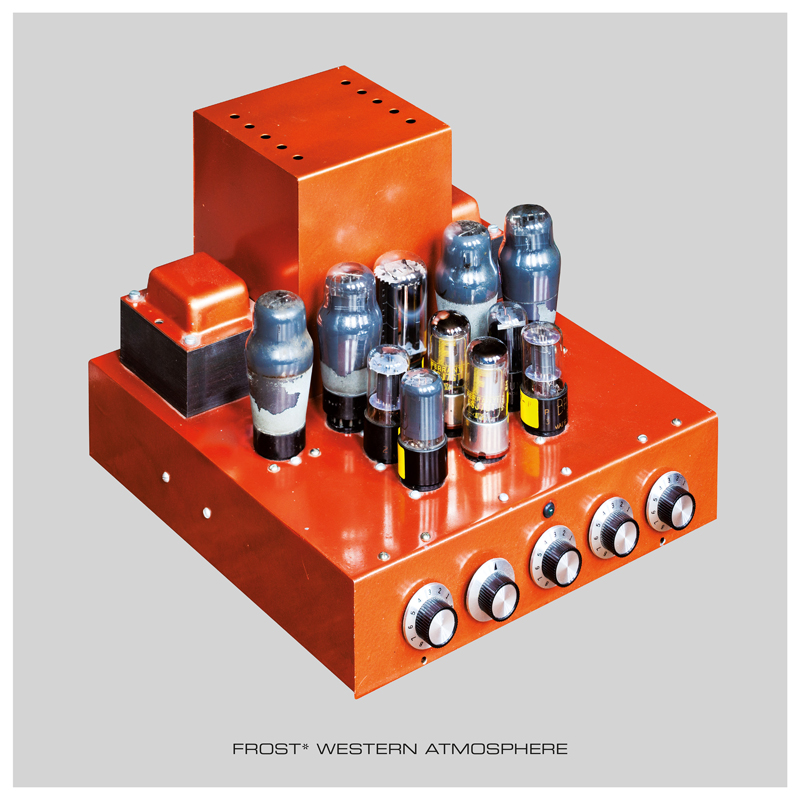 The album cover for Frost*'s Western Atmosphere features a striking image of a bright orange, retro-style tube amplifier against a neutral gray background. The minimalist layout highlights the amplifier's intricate design, with its glowing vacuum tubes and tactile knobs. The band's name and album title appear in clean, modern typography at the bottom.