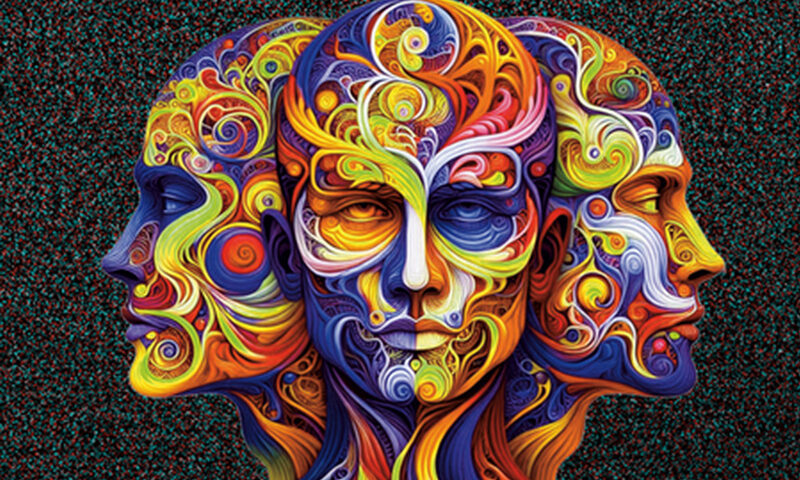 The album cover for G Clef Fusion - Geryon Claque Fermata features a colorful, surrealistic design. It portrays three interconnected, multi-colored faces blending into one another, emphasizing intricate swirls, patterns, and textures. The palette of yellows, blues, reds, and oranges creates a sense of dynamic motion. The background has a subtle, dark textured effect, contrasting with the bold central imagery. The title and band name are displayed in soft, contrasting fonts.