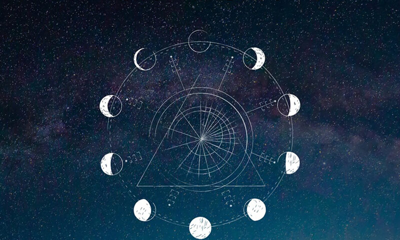 The album cover features a star-filled night sky with the text “Gabriel Keller and Friends” at the top and “Live – La Rotonde” at the bottom. At the center, a geometric diagram with phases of the moon encircles a triangle and radiating lines.