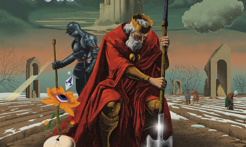 Gates Of Kiev - Gates Of Kiev cover artwork. The album cover features a crowned, bearded king in a flowing red cloak, who leans on a shovel amid a desolate, cracked landscape. A medieval armored figure, a surreal flower with an eye, distant castle towers, and barren trees complete the fantastical scene.
