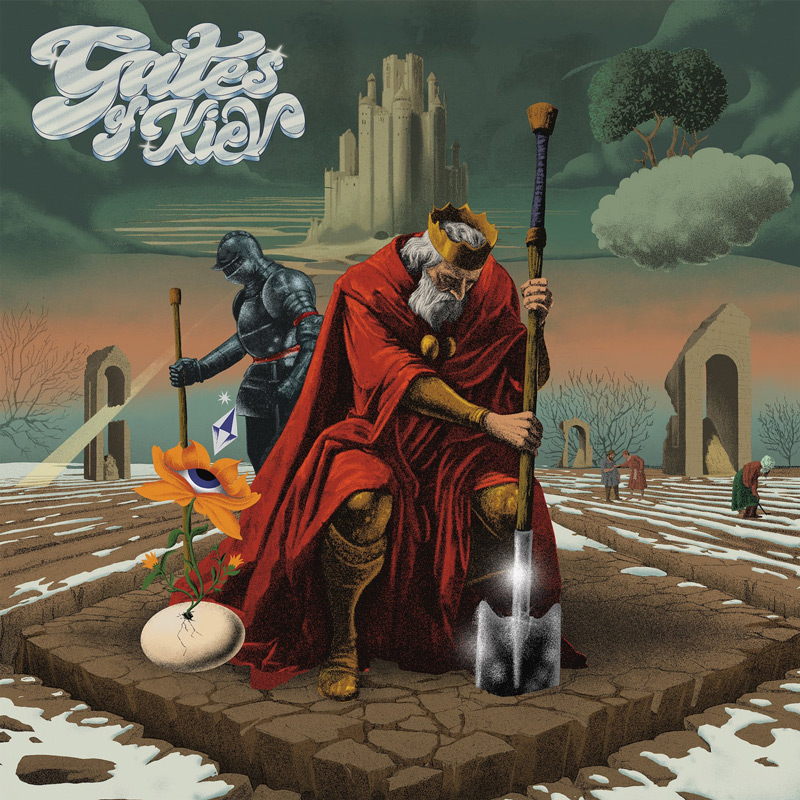 Gates Of Kiev - Gates Of Kiev cover artwork. The album cover features a crowned, bearded king in a flowing red cloak, who leans on a shovel amid a desolate, cracked landscape. A medieval armored figure, a surreal flower with an eye, distant castle towers, and barren trees complete the fantastical scene.
